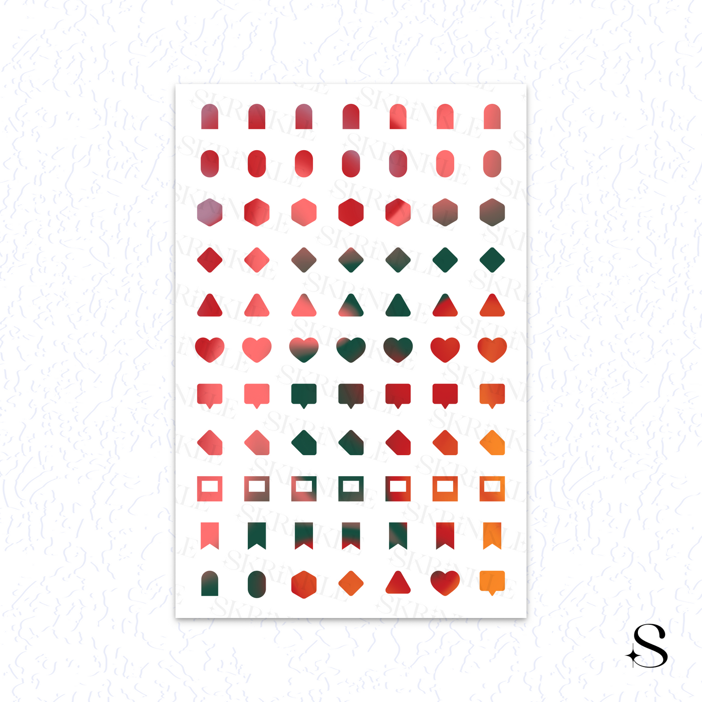 Pattern of colorful geometric cute journal stickers on a white background