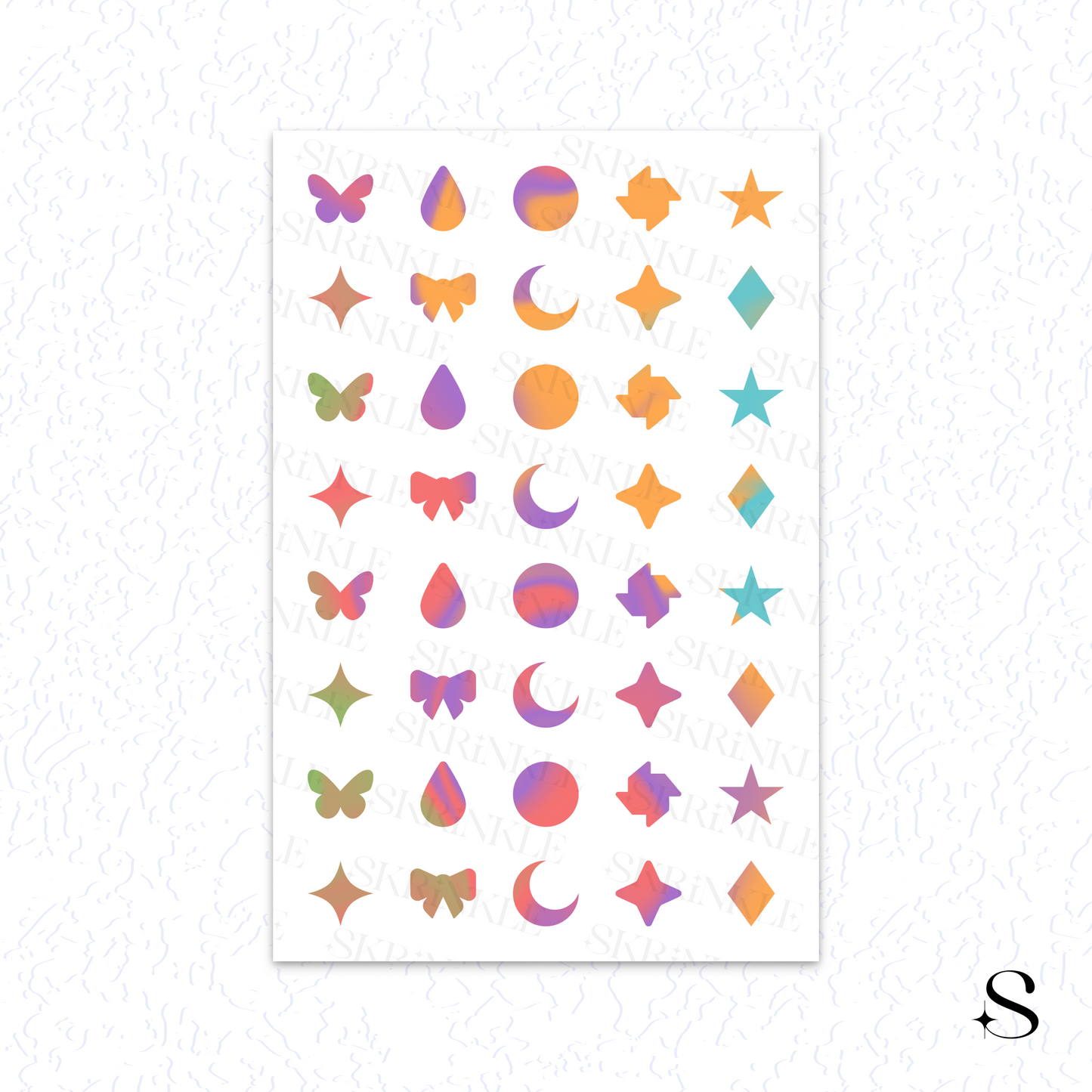 Sheet of colorful geometric and nature-themed cute journal stickers on a white background