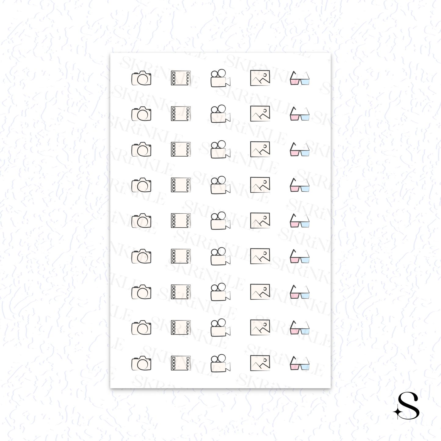 Sheet of cute journal stickers with various icons on a white background