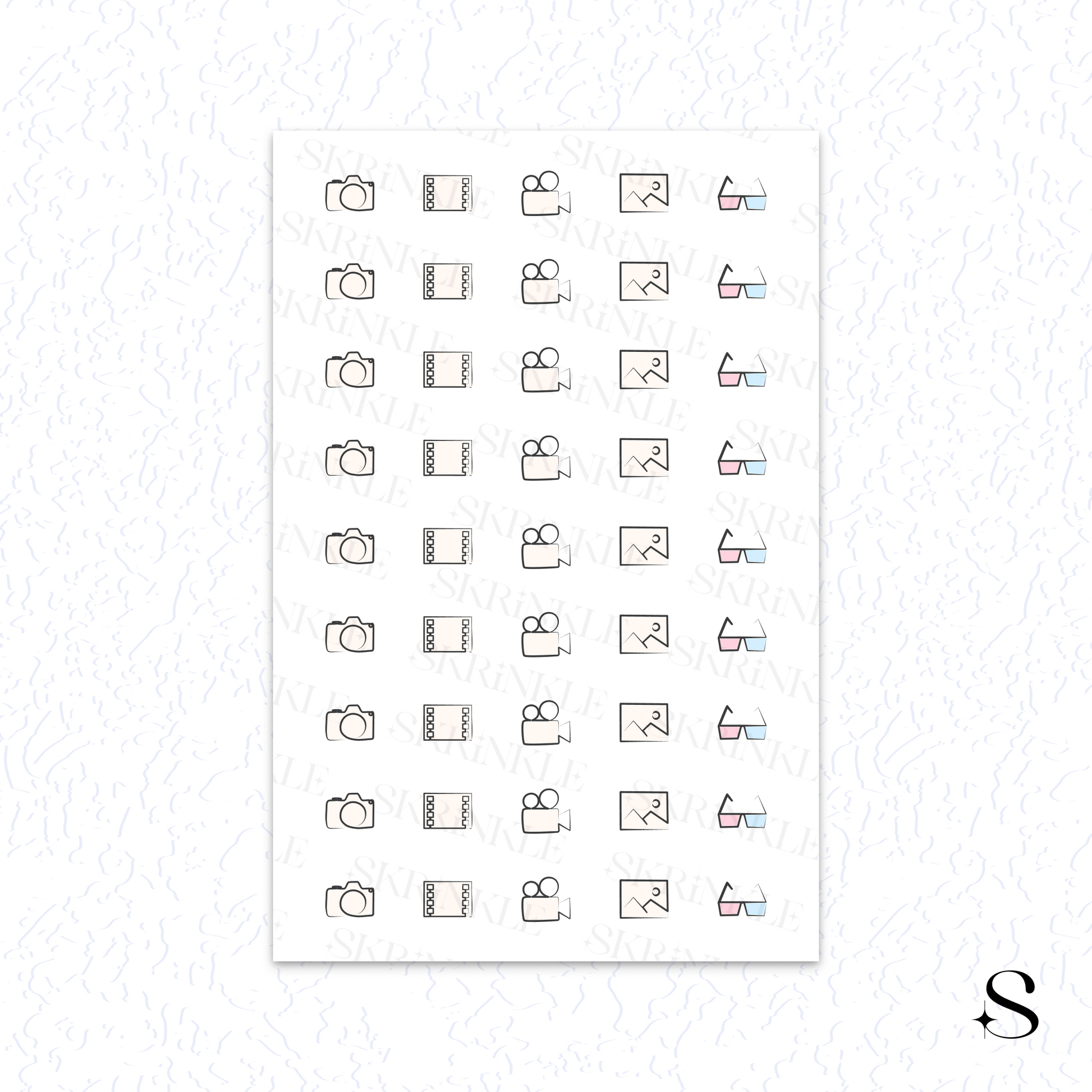 Sheet of cute journal stickers with various icons on a white background