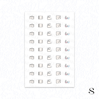 Sheet of cute journal stickers with various icons on a white background