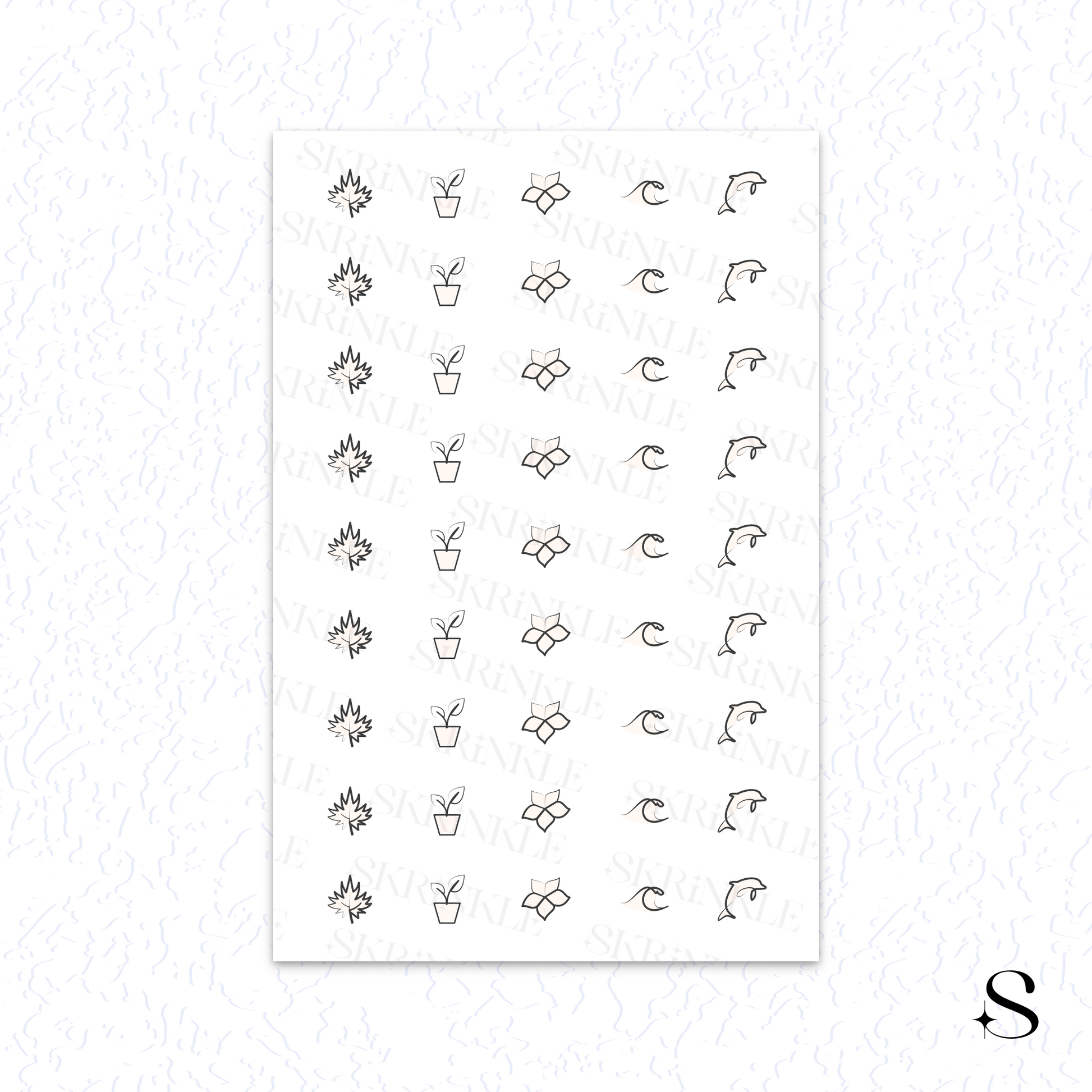 Sheet of small black line art cute journal stickers on a white background