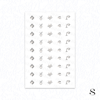 Sheet of small black line art cute journal stickers on a white background