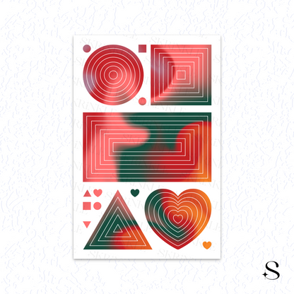 Set of geometric cute journal stickers with red and green gradient on a white background