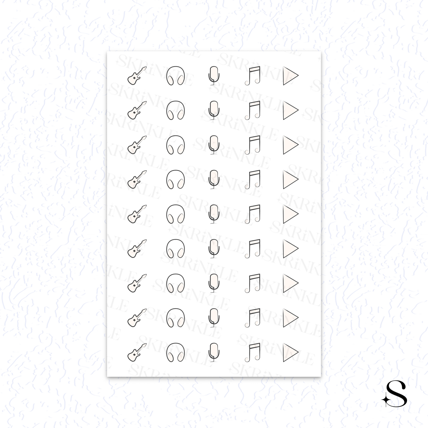 Sheet of black line art cute journal stickers with musical and related symbols on a white background.