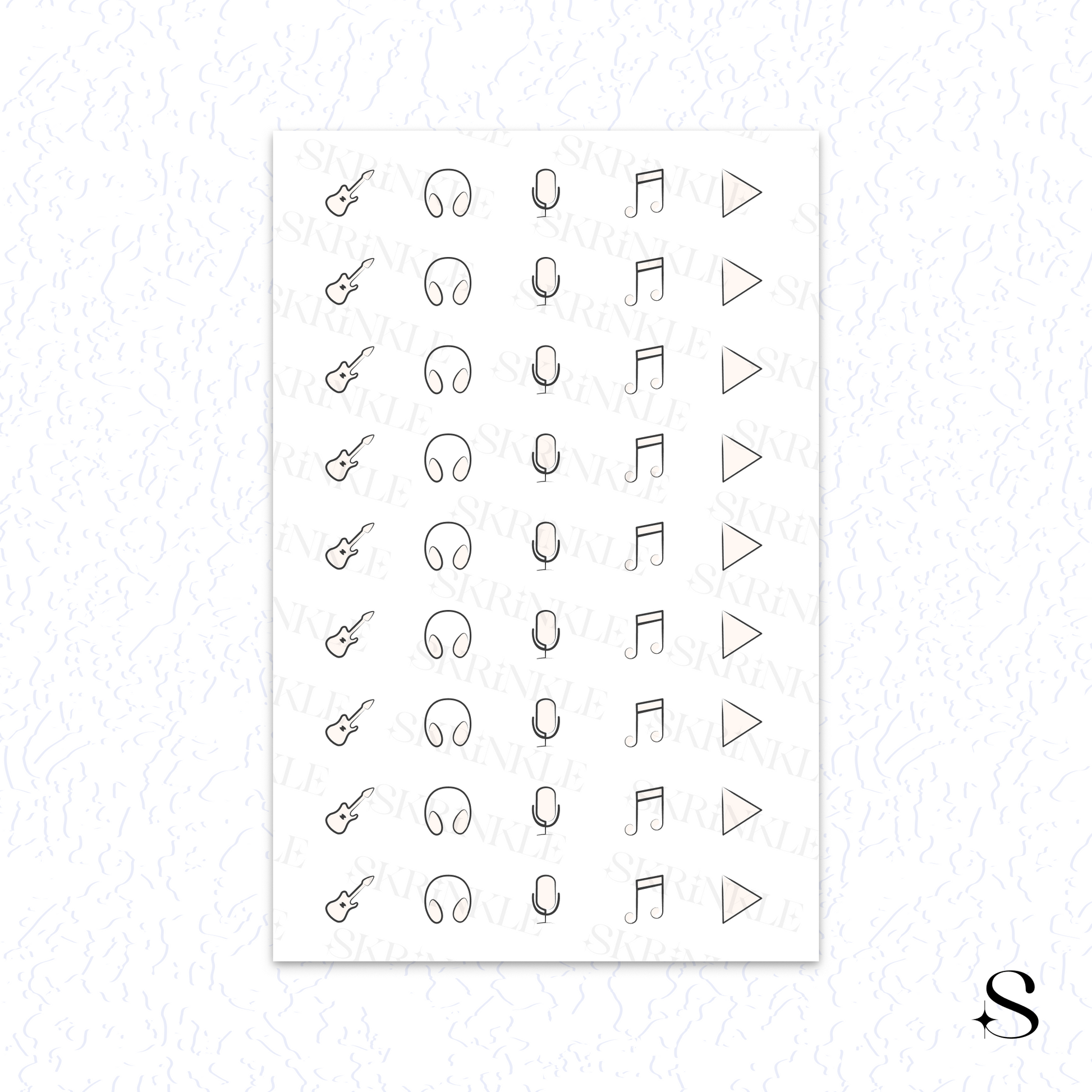 Sheet of black line art cute journal stickers with musical and related symbols on a white background.