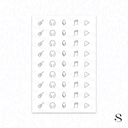Sheet of black line art cute journal stickers with musical and related symbols on a white background.