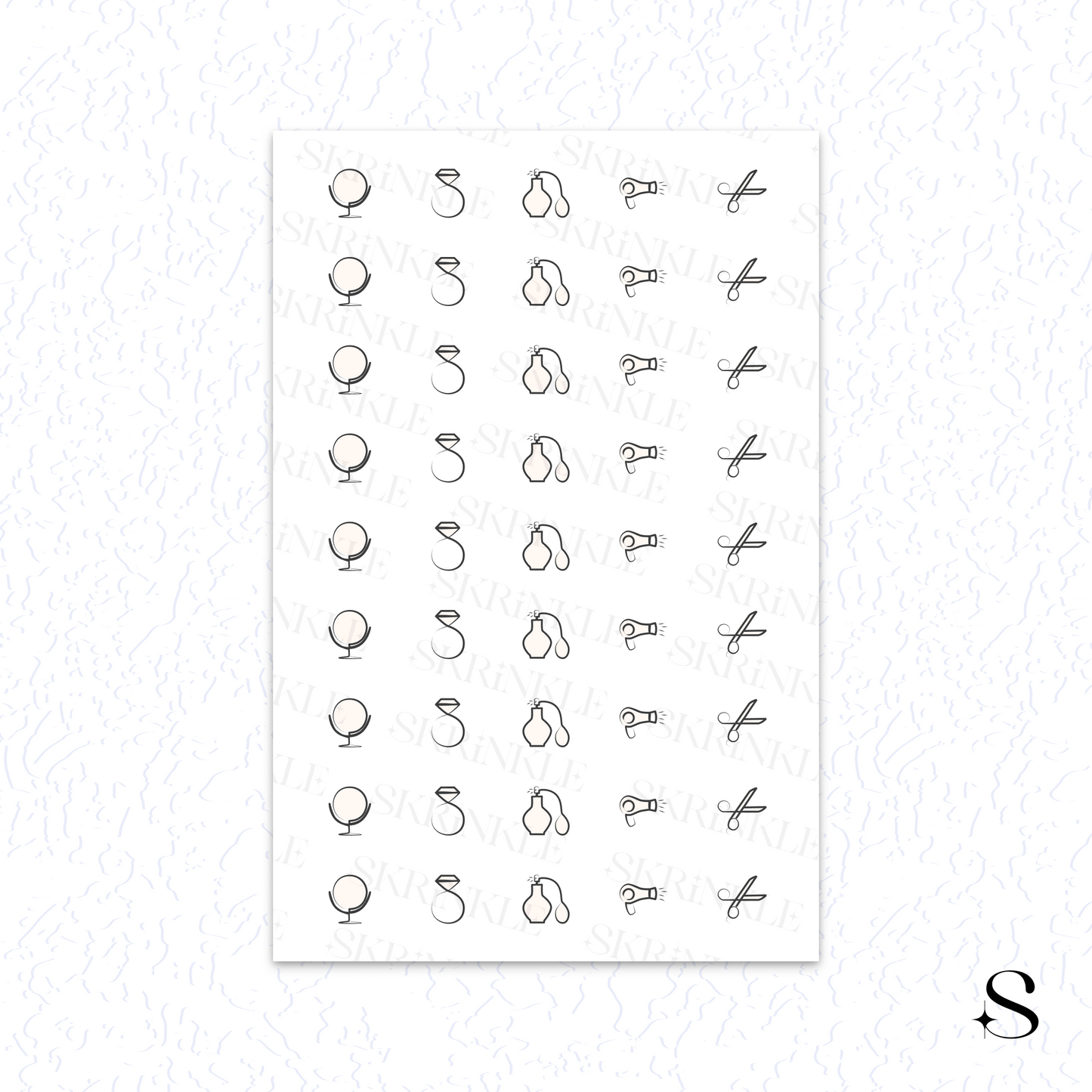 Sheet of black line art cute journal stickers on a white background