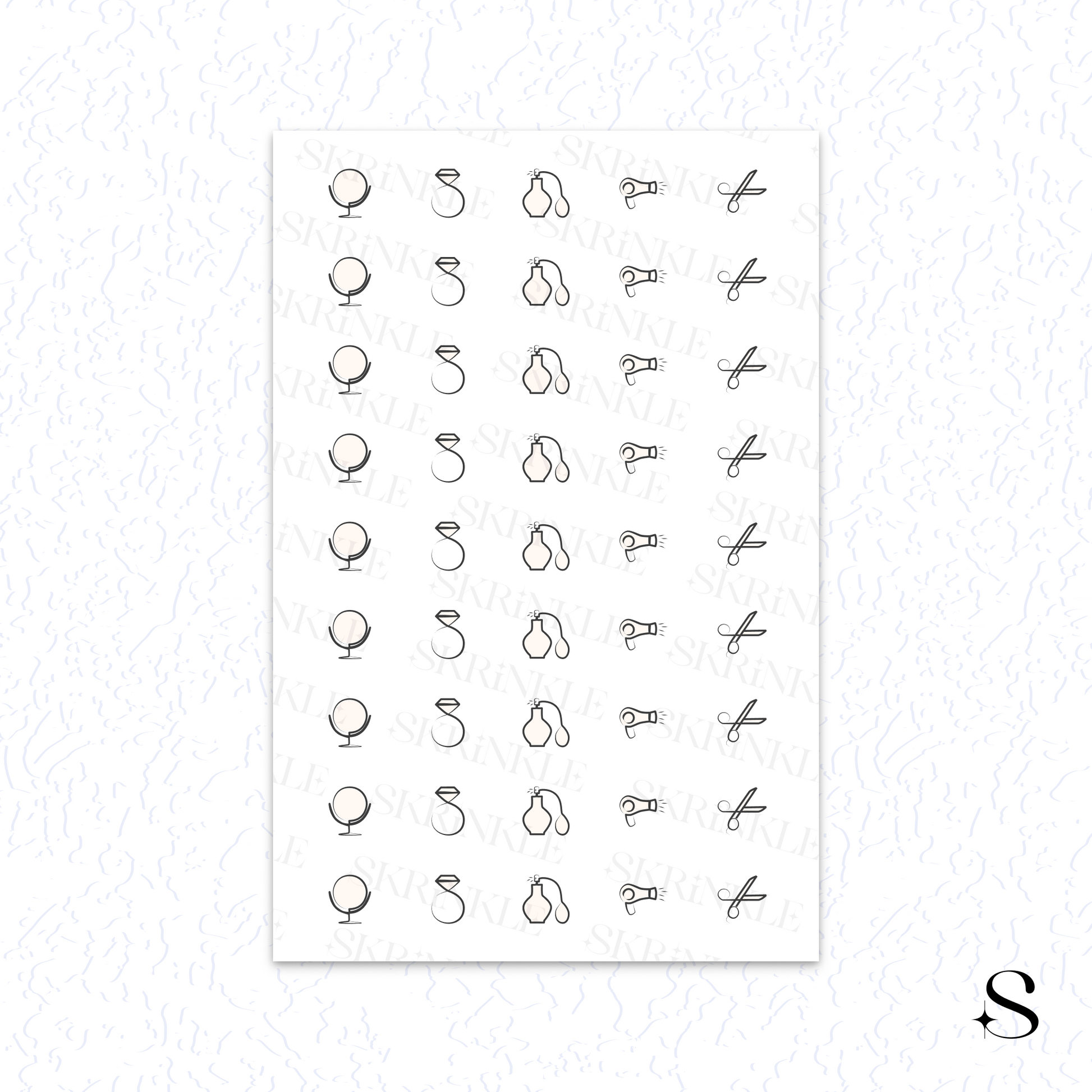 Sheet of black line art cute journal stickers on a white background