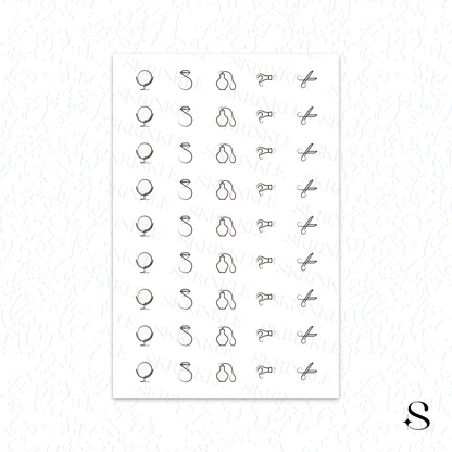 Sheet of black line art cute journal stickers on a white background