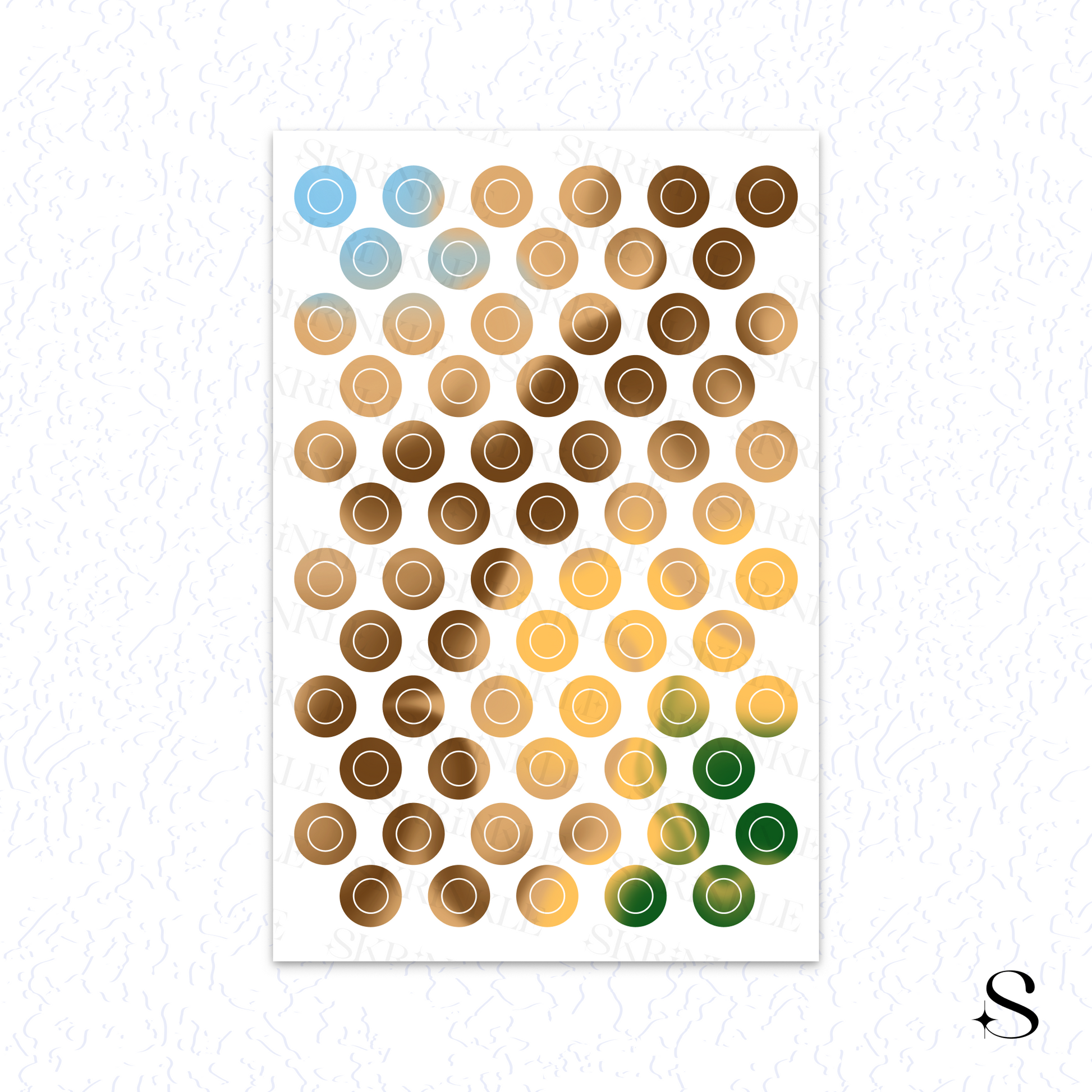 Color swatch chart with circular cute journal stickers on a white background