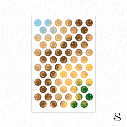 Color swatch chart with circular cute journal stickers on a white background