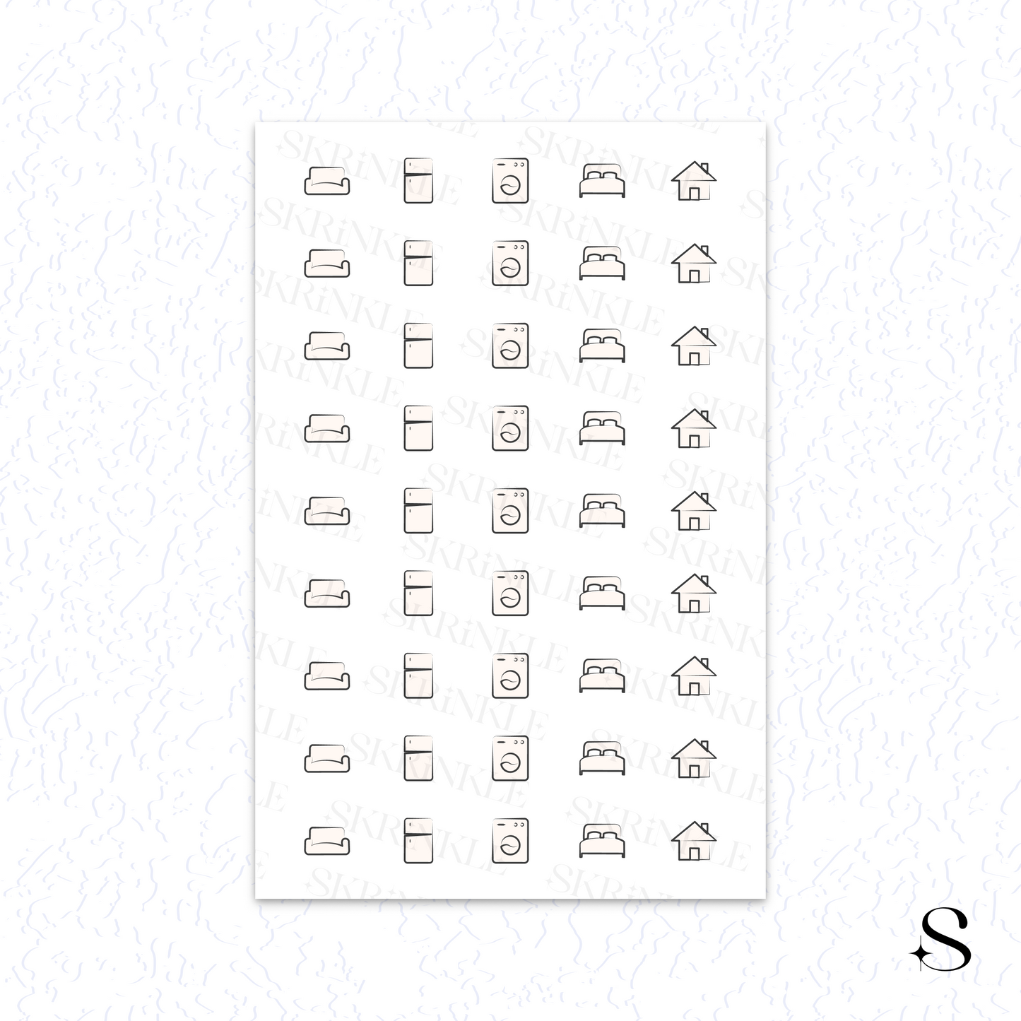 Sheet of black line art icon cute journal stickers on a white background