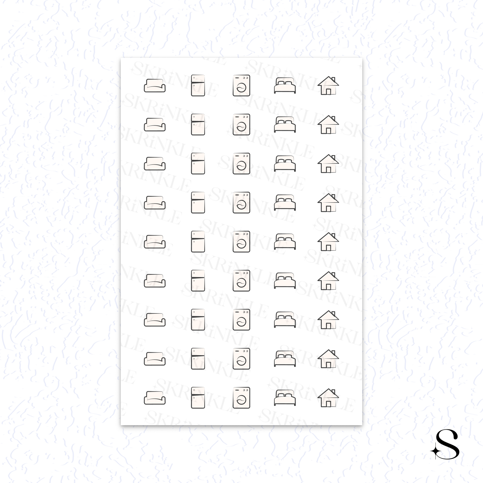 Sheet of black line art icon cute journal stickers on a white background