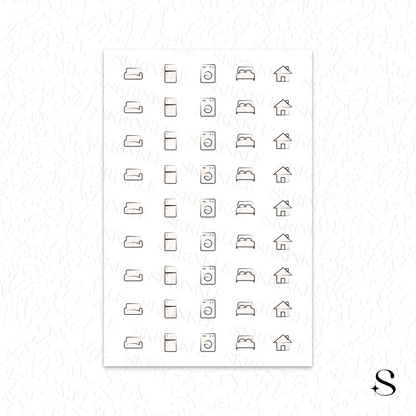 Sheet of black line art icon cute journal stickers on a white background