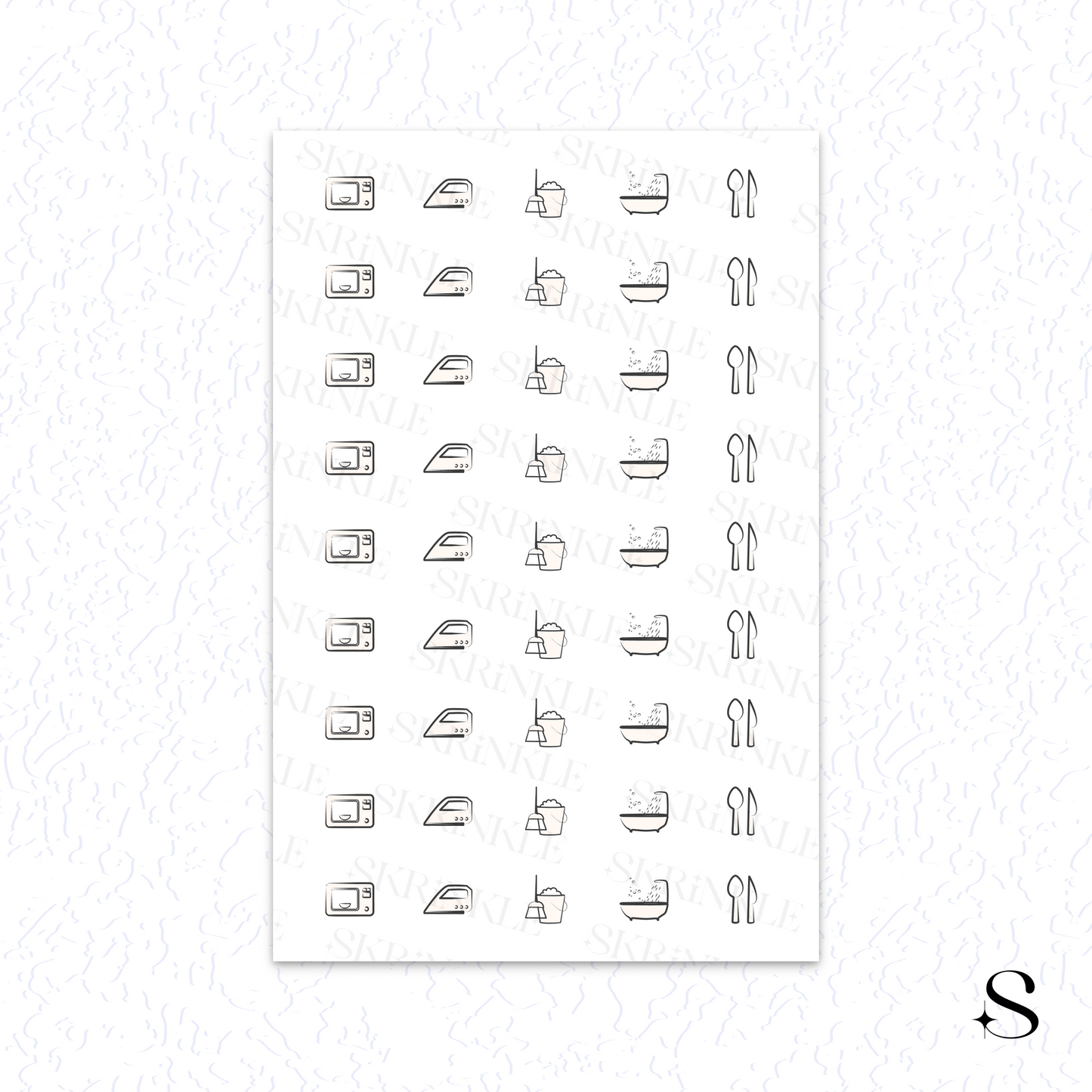 Sheet of cute journal stickers with various shapes on a white background