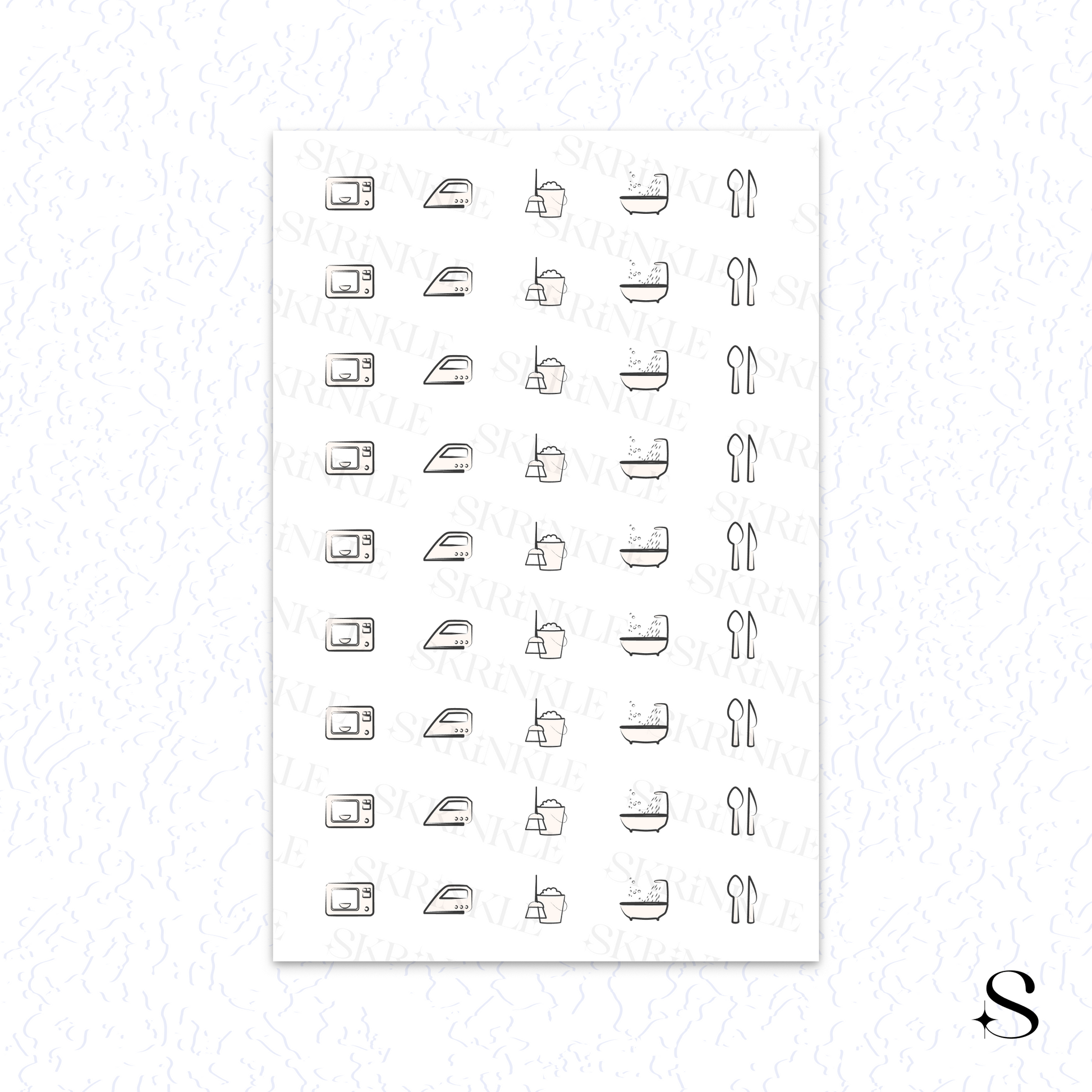 Sheet of cute journal stickers with various shapes on a white background