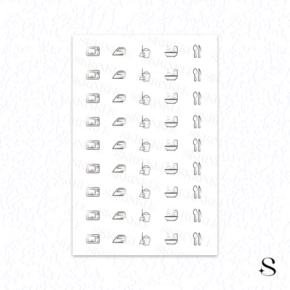 Sheet of cute journal stickers with various shapes on a white background