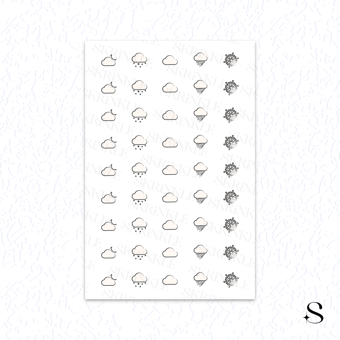 Sheet of black and white weather icon cute journal stickers on a white background
