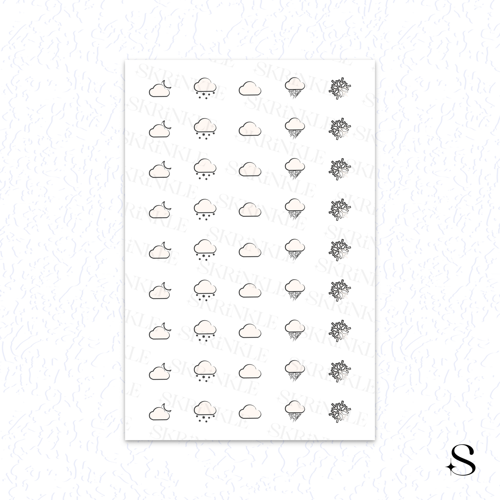 Sheet of black and white weather icon cute journal stickers on a white background