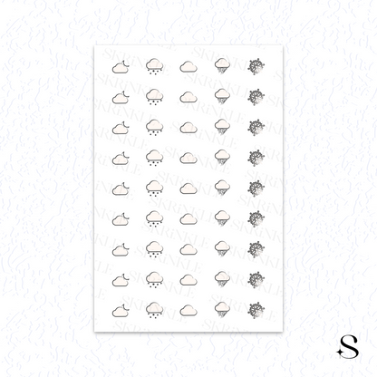 Sheet of black and white weather icon cute journal stickers on a white background