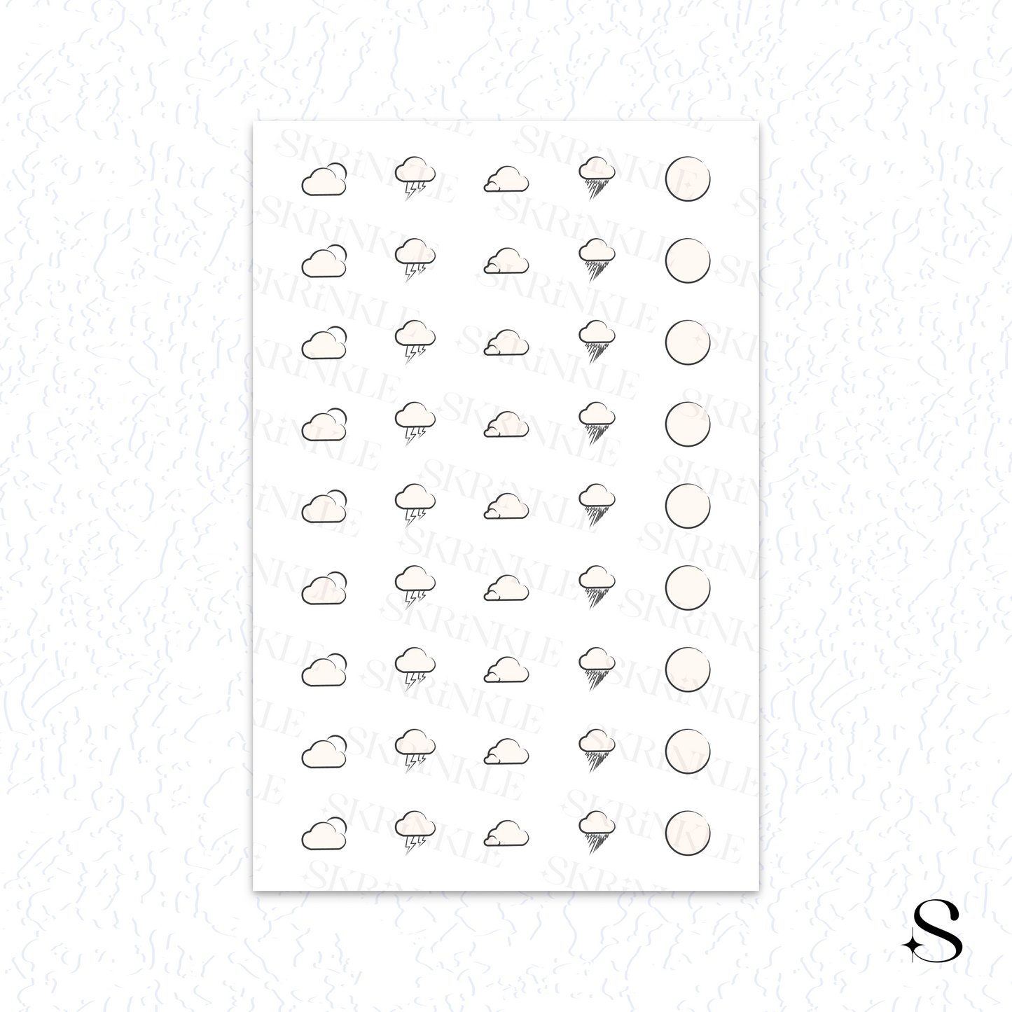 Sheet of weather icon cute journal stickers with various cloud and precipitation symbols on a white background.