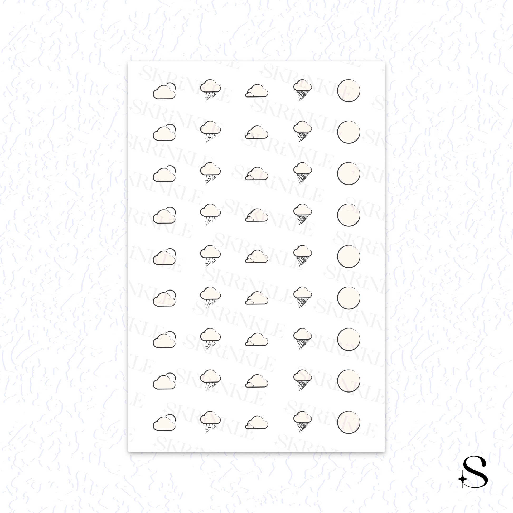 Sheet of weather icon cute journal stickers with various cloud and precipitation symbols on a white background.