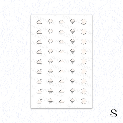 Sheet of weather icon cute journal stickers with various cloud and precipitation symbols on a white background.