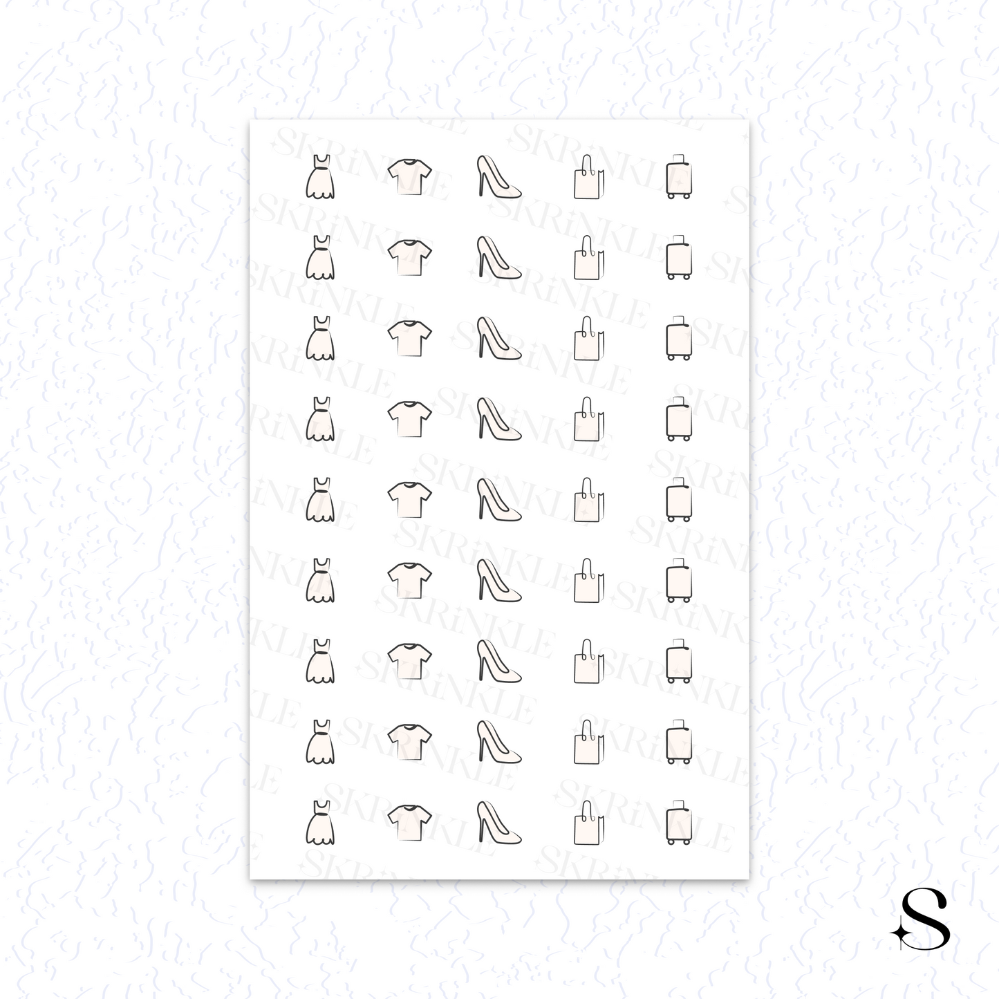 Sheet of clothing and shoe icon cute journal stickers on a white background