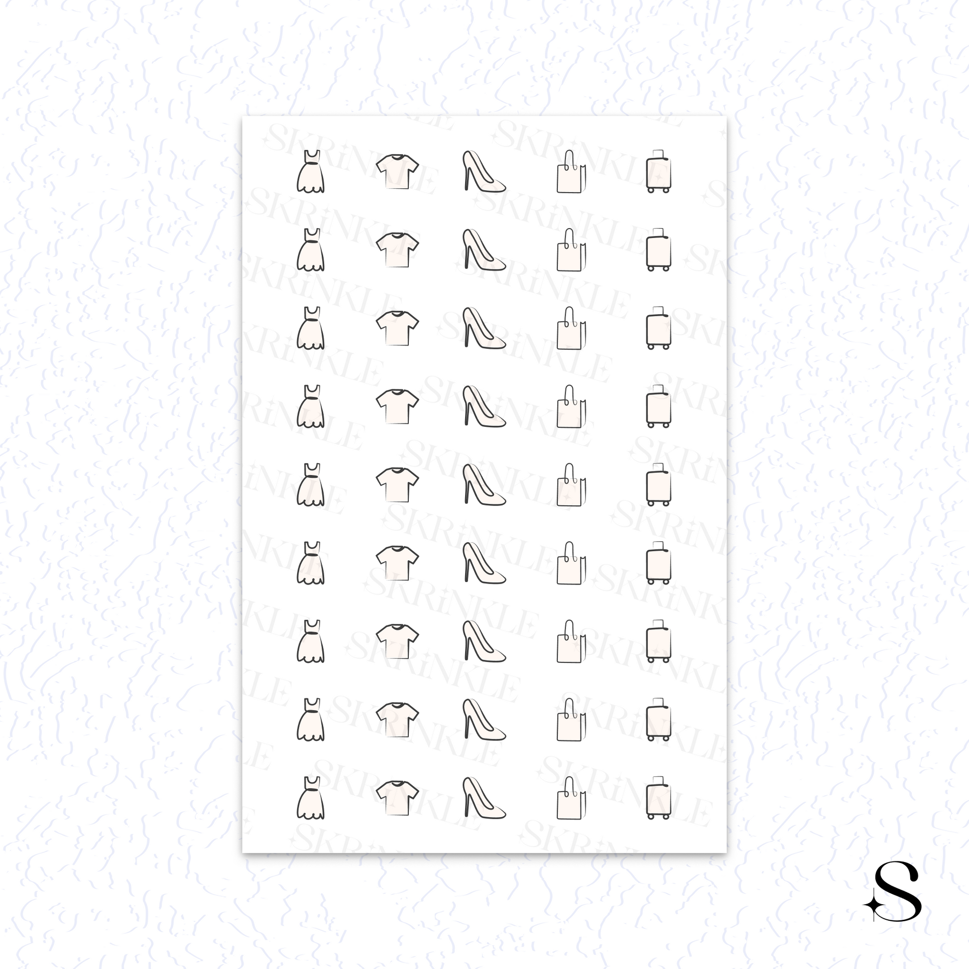 Sheet of clothing and shoe icon cute journal stickers on a white background