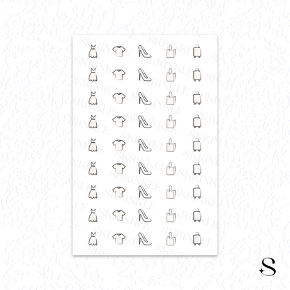 Sheet of clothing and shoe icon cute journal stickers on a white background
