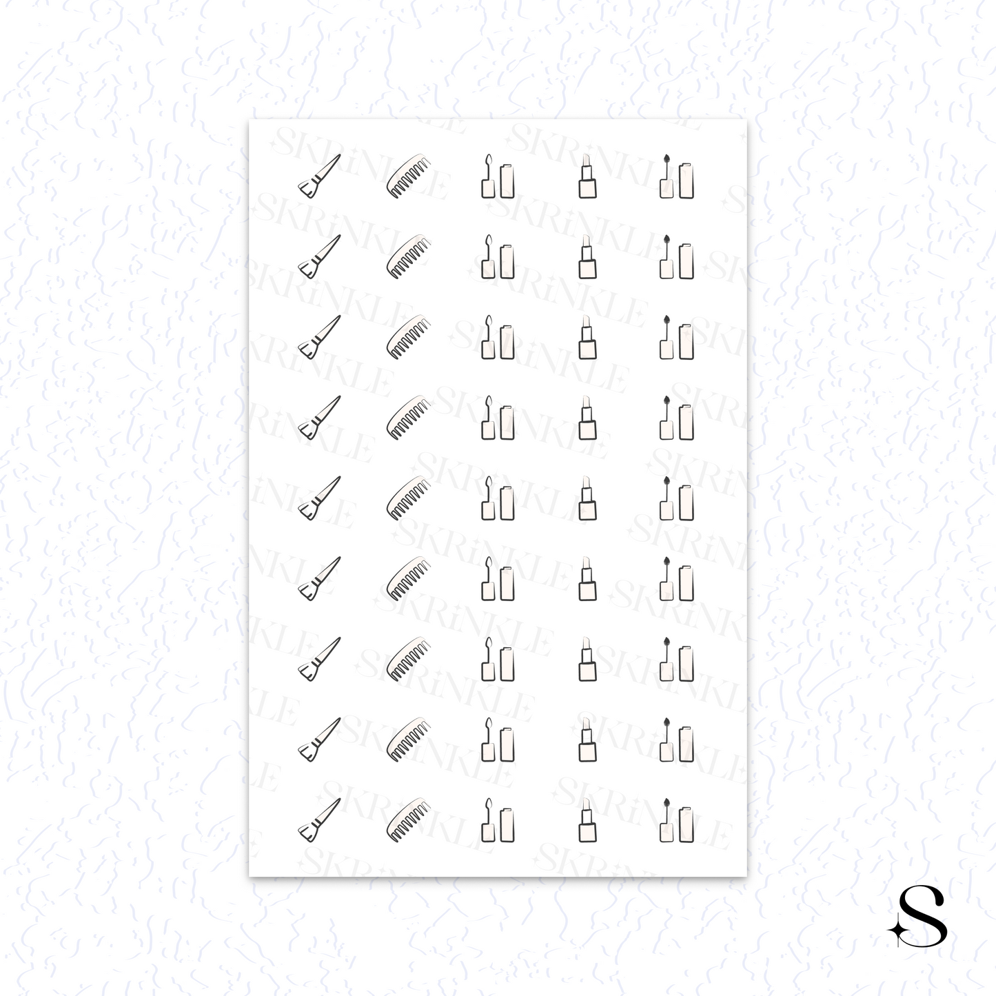 Sheet of black line art cute journal stickers with various designs on a white background