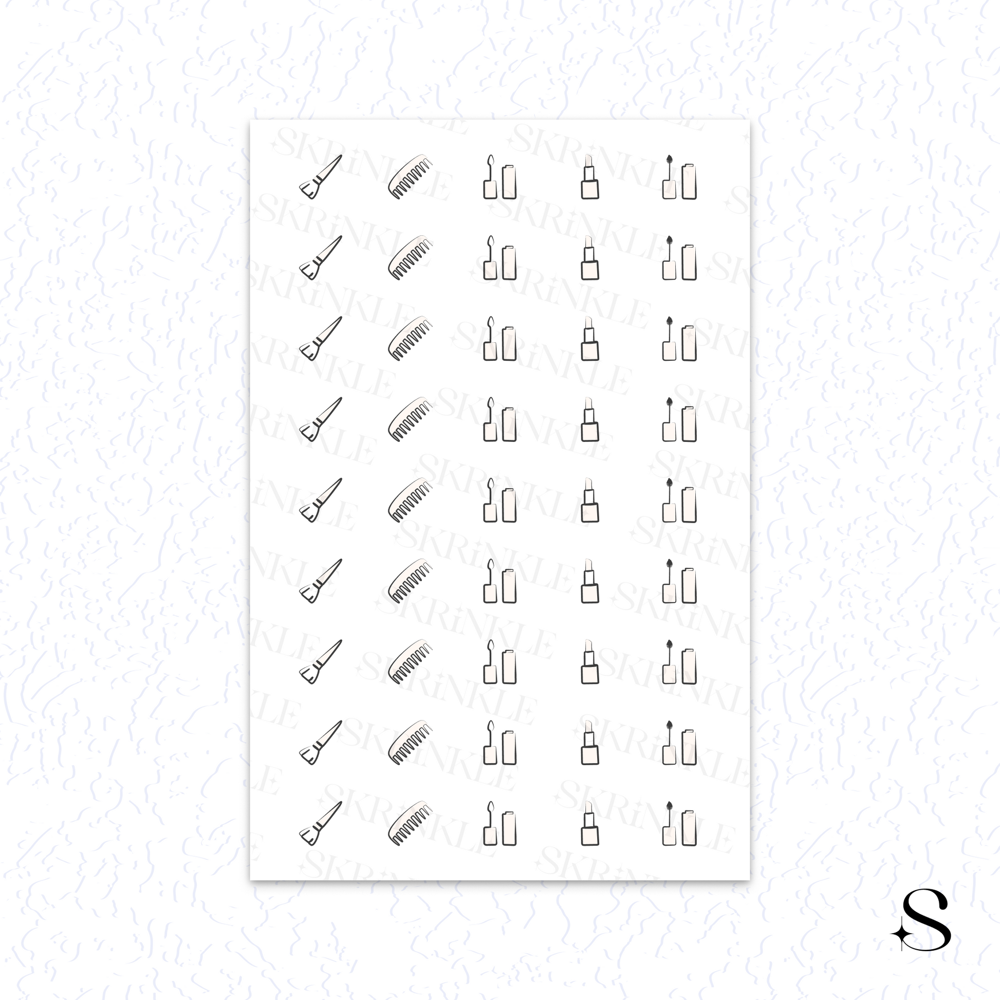 Sheet of black line art cute journal stickers with various designs on a white background