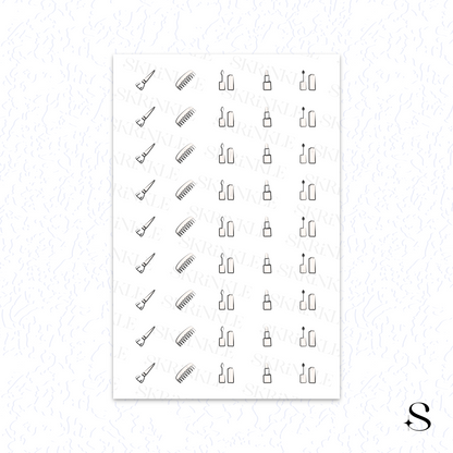 Sheet of black line art cute journal stickers with various designs on a white background