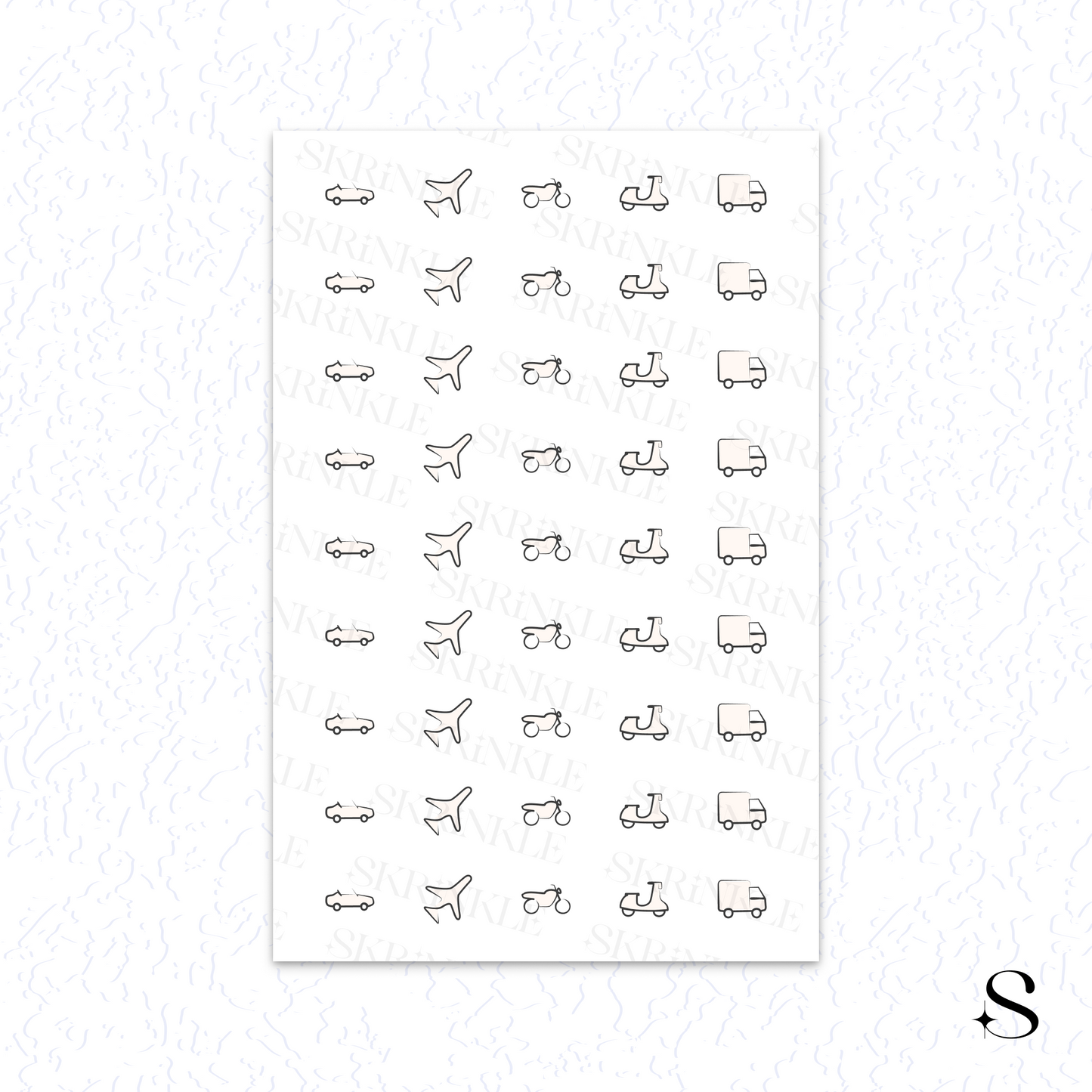 Sheet of small vehicle icons cute journal stickers on a white background