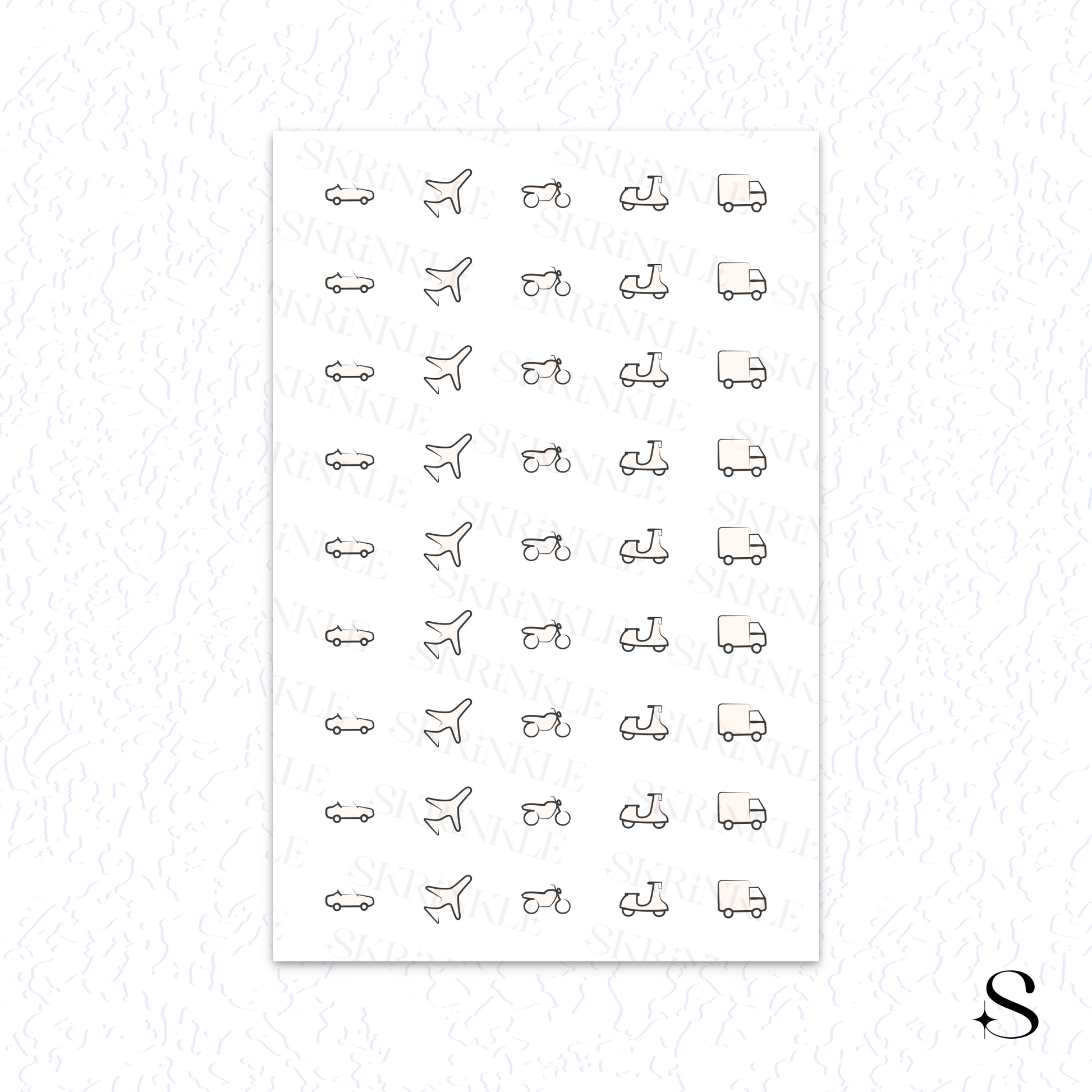Sheet of small vehicle icons cute journal stickers on a white background