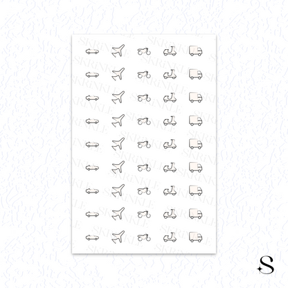 Sheet of small vehicle icons cute journal stickers on a white background