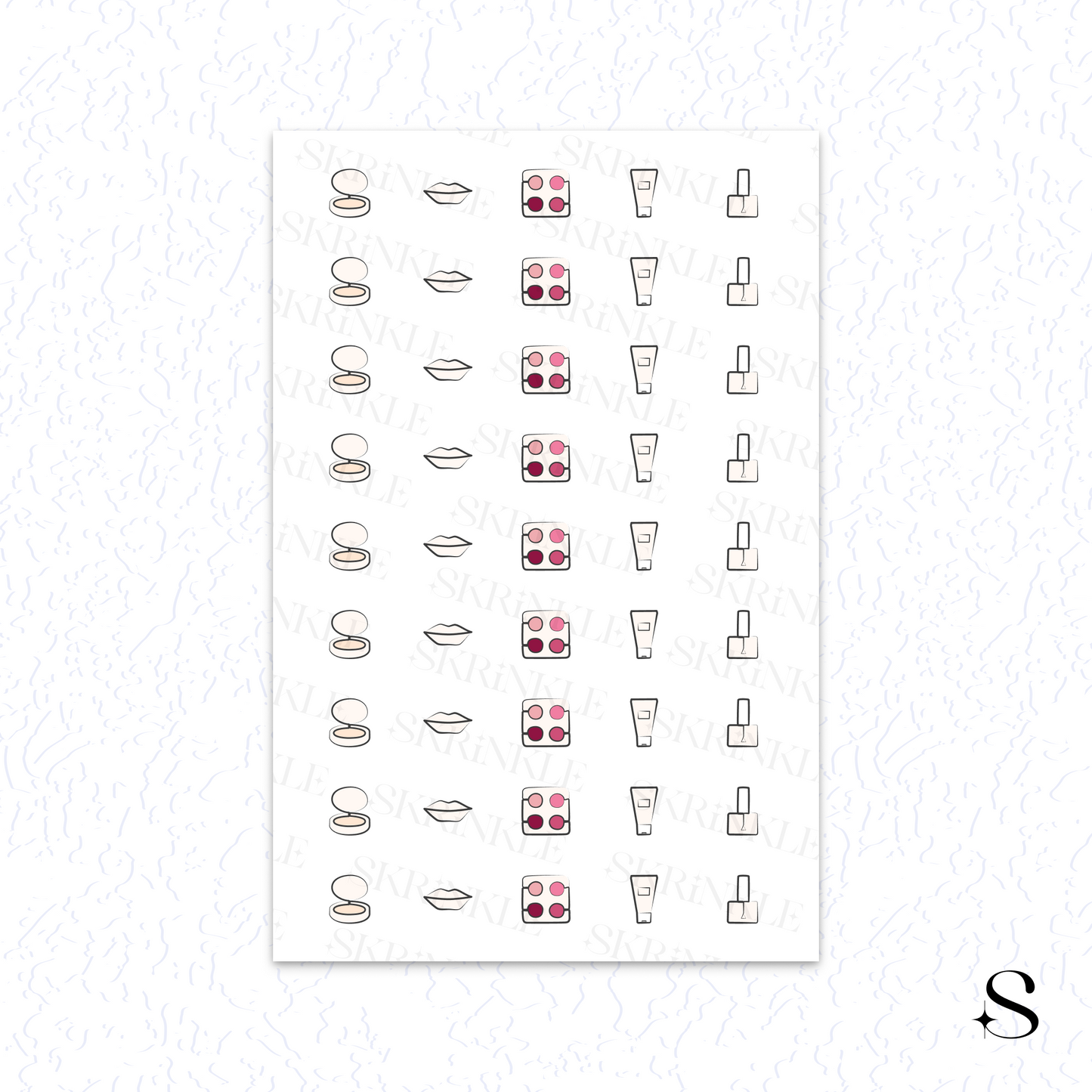 Sheet of art cute journal stickers with various designs on a white background