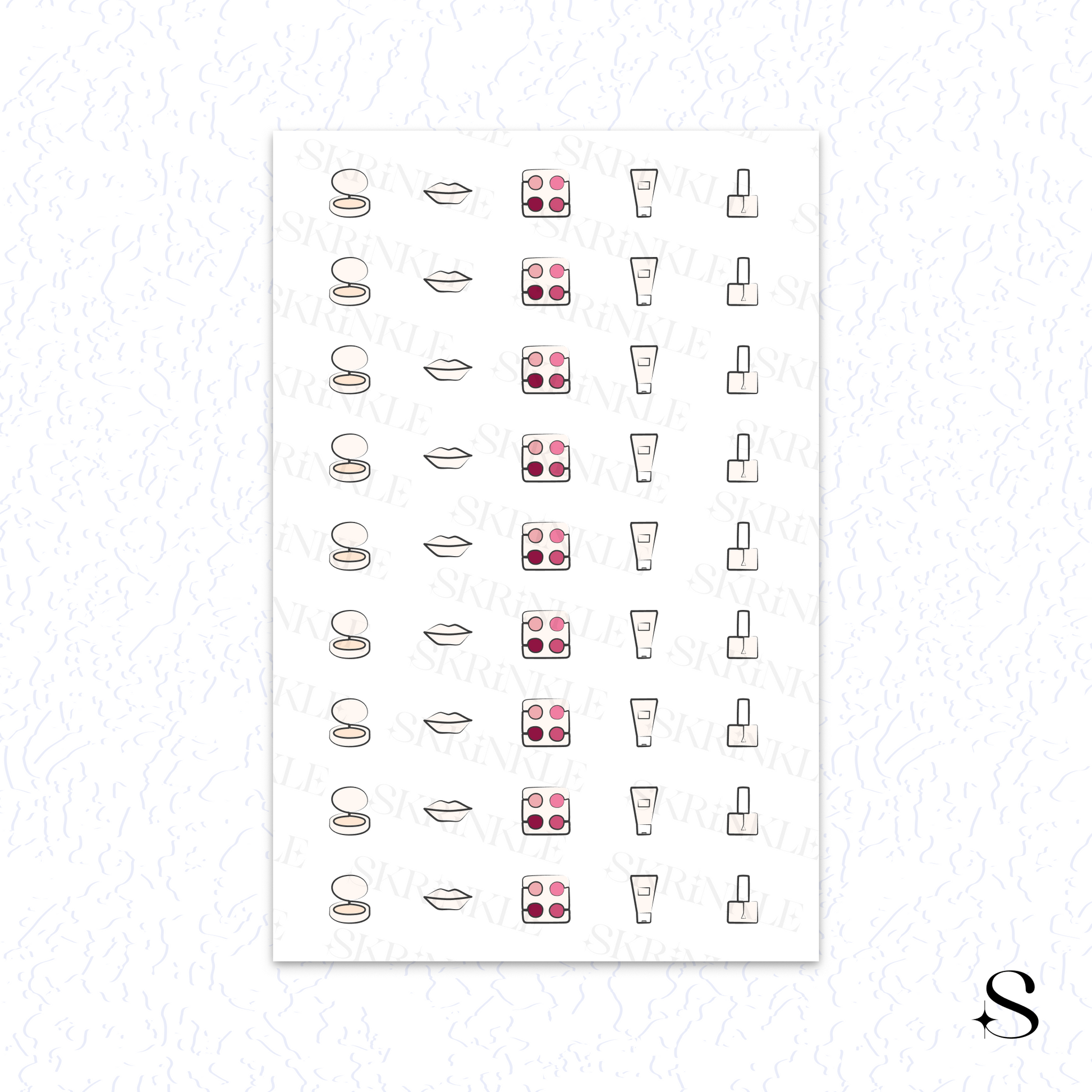 Sheet of art cute journal stickers with various designs on a white background