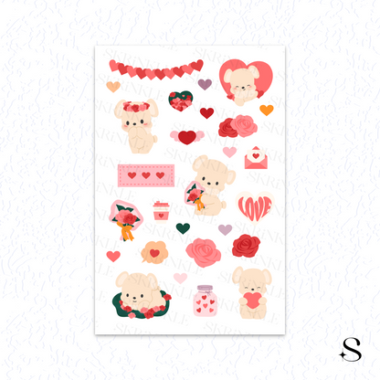Sheet of decorative stickers with teddy bears, hearts, and flowers on a white background cute journal stickers