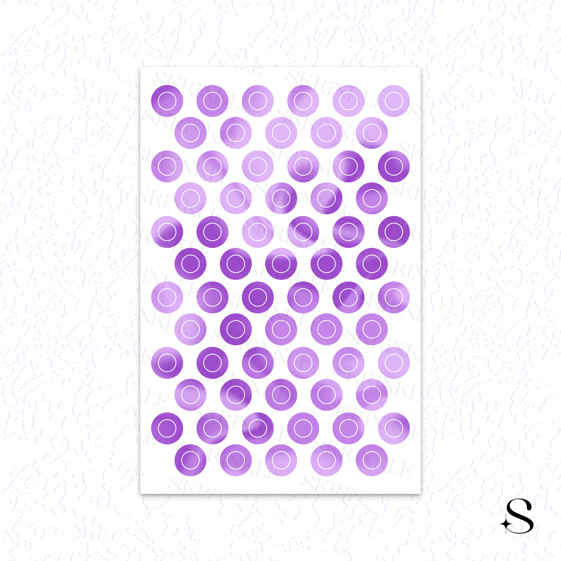 Sheet of purple circle cute journal stickers on a white background