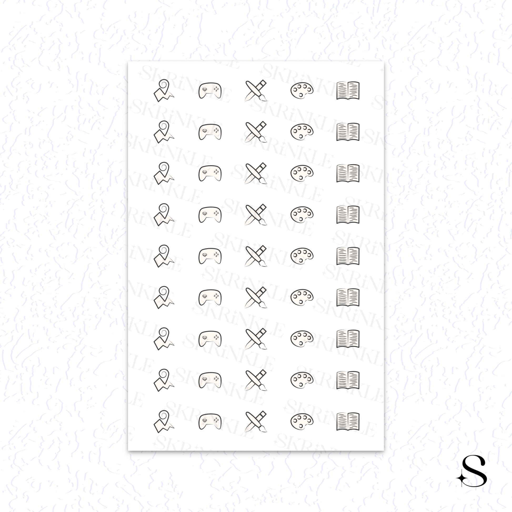 Sheet of black line art icon cute journal stickers on a white background