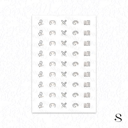 Sheet of black line art icon cute journal stickers on a white background