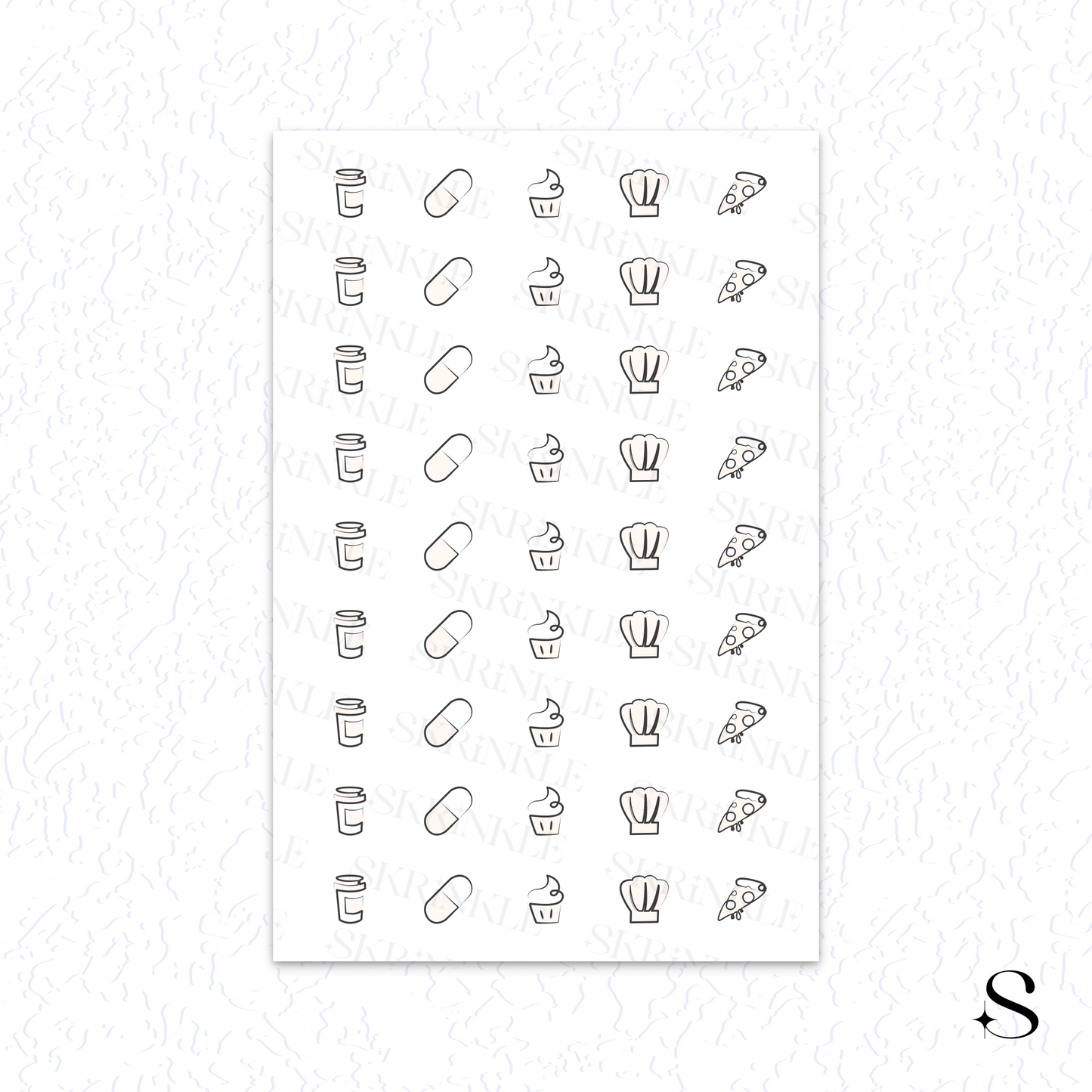 Sheet of cute journal stickers with various icons on a white background