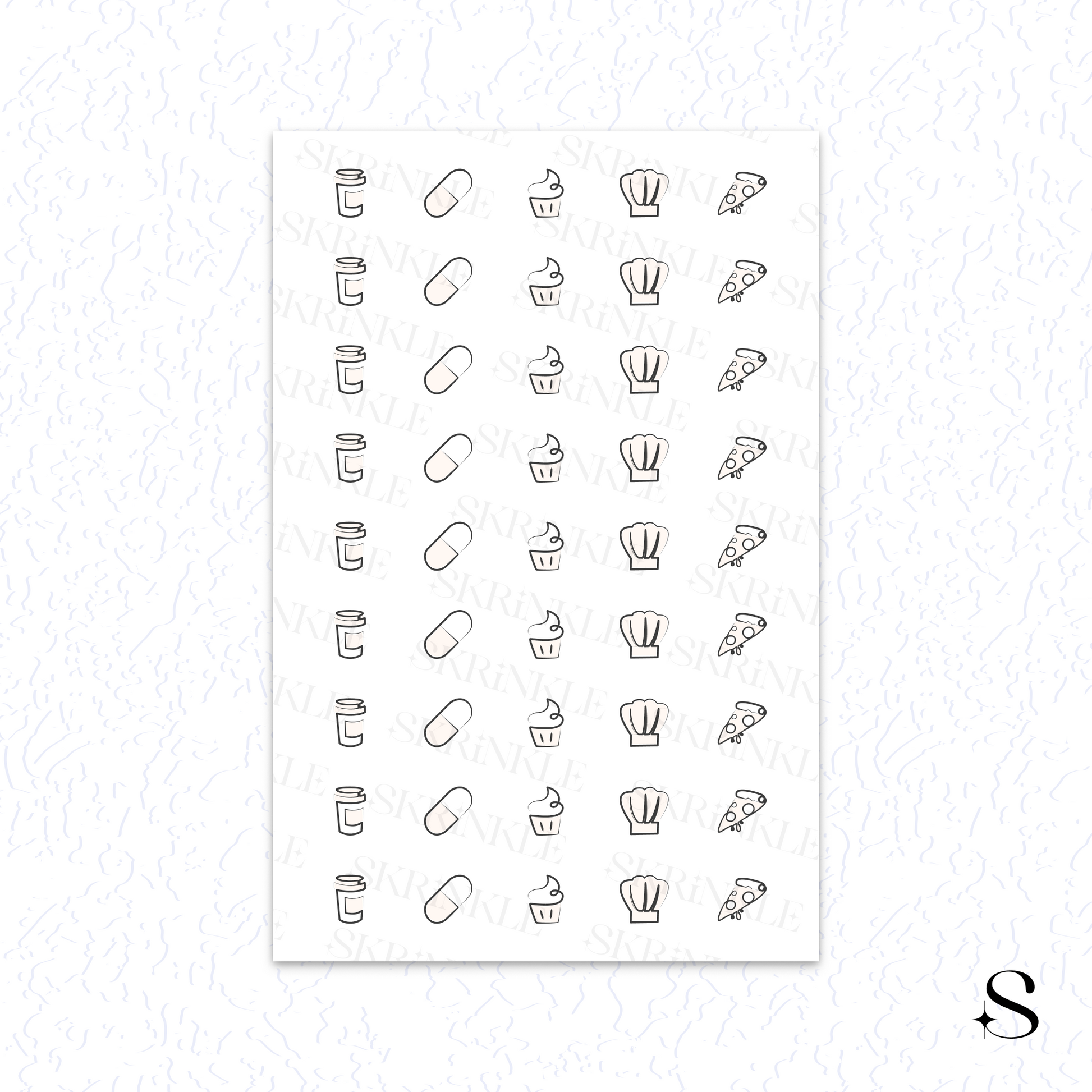 Sheet of cute journal stickers with various icons on a white background
