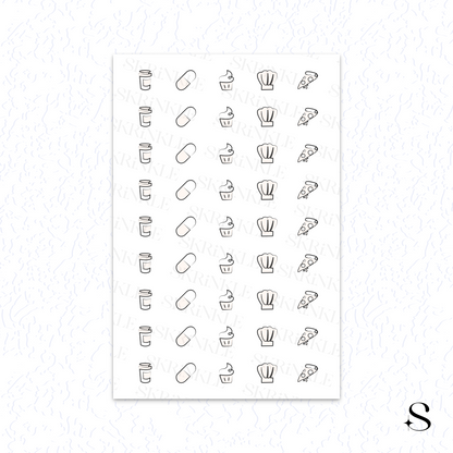 Sheet of cute journal stickers with various icons on a white background