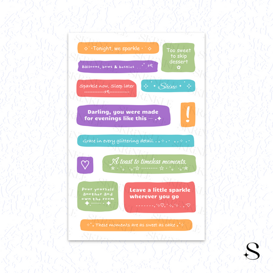 Colorful celebration text stickers on a white background cute journal stickers