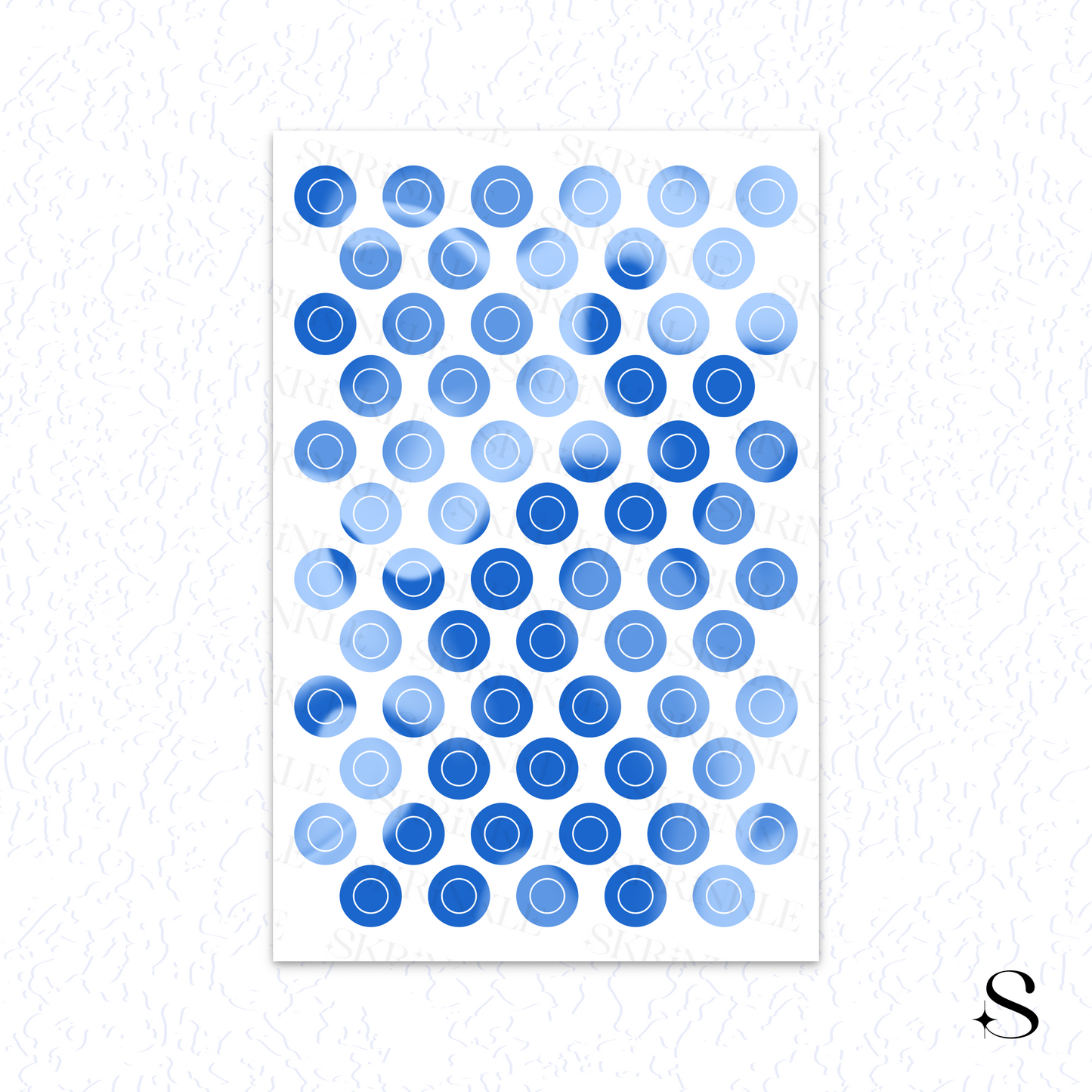 Sheet of blue circular cute journal stickers with a gradient effect on a white background