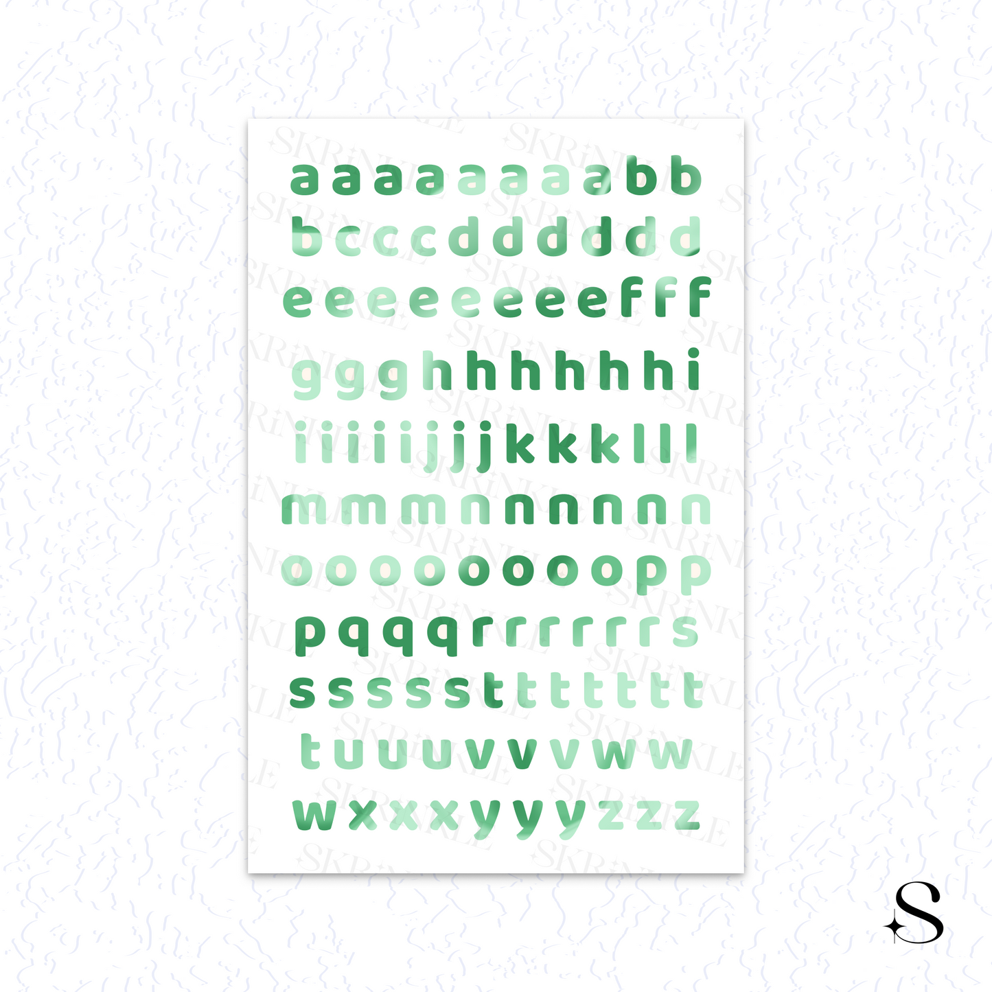 Alphabet cute journal stickers with green letters on a white background