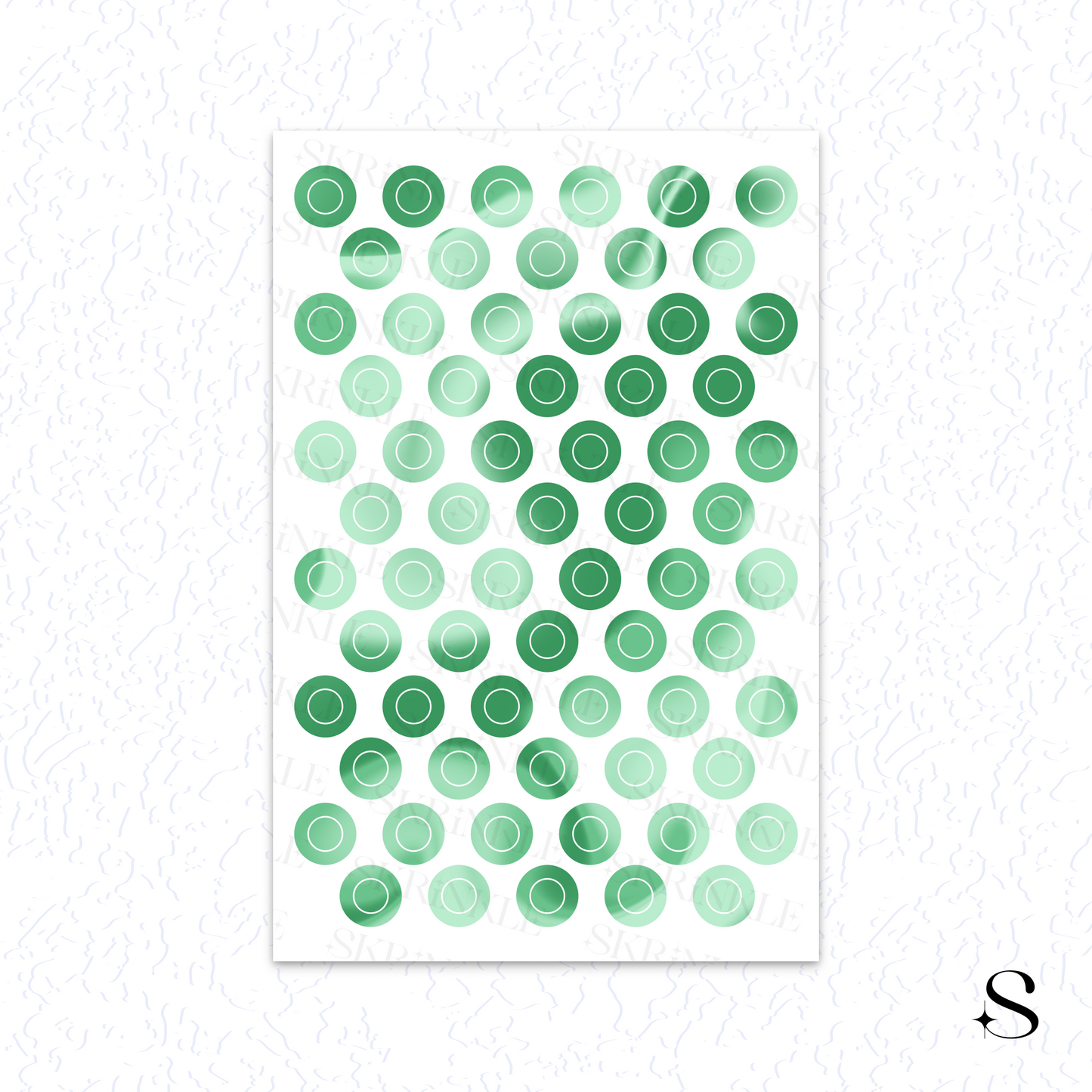 Sheet of green circular cute journal stickers on a white background